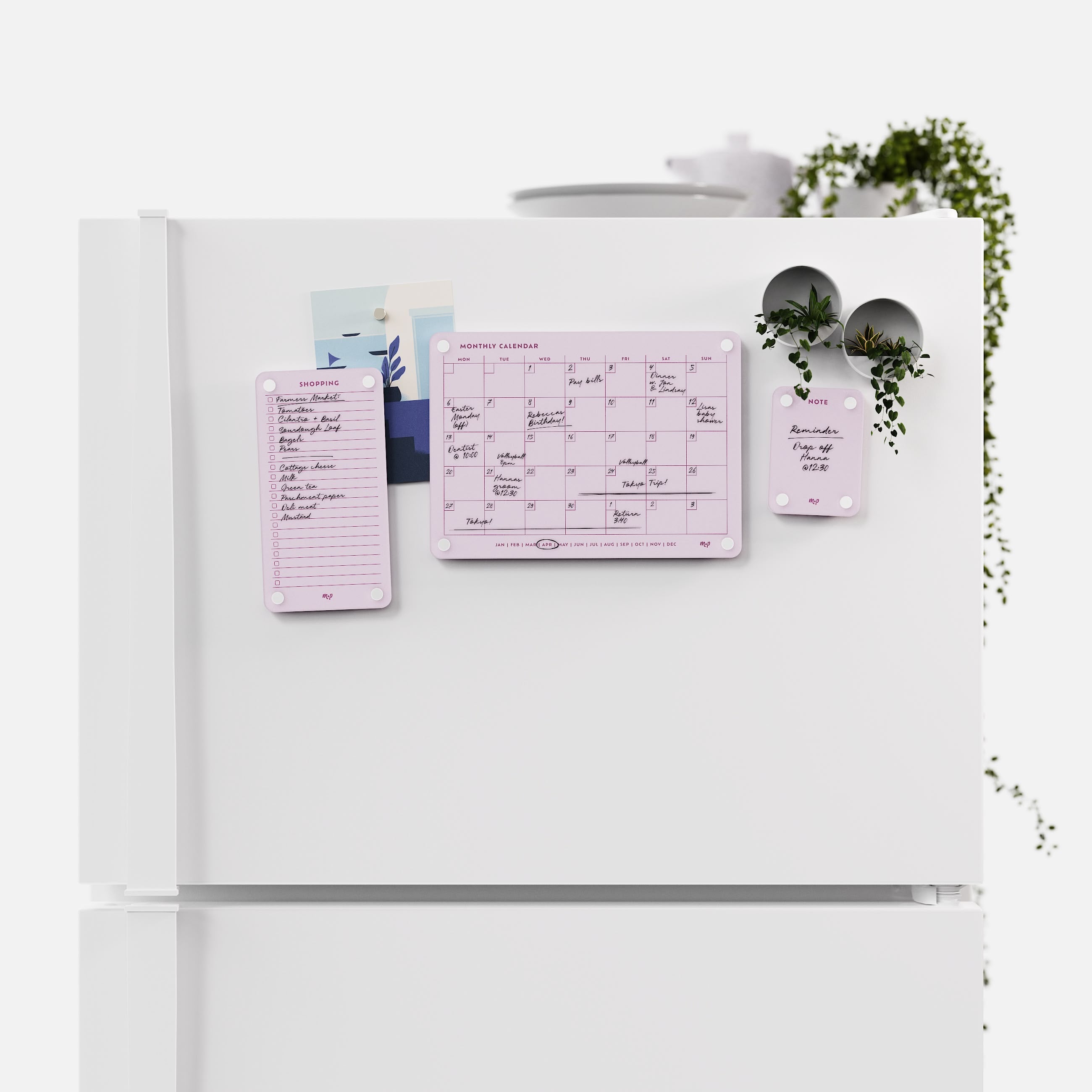 Ballet pink shopping list, monthly calendar and note board arranged across a white fridge door